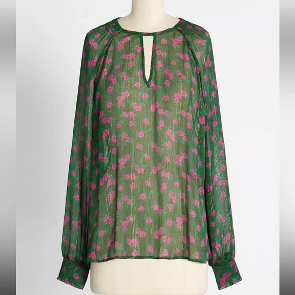 ModCloth Winter Roses Green Floral Blouse Size L - Picture 1 of 8